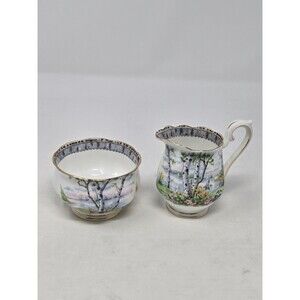 VINTAGE ROYAL ALBERT BONE CHINA SILVER BIRCH CREAM & SUGAR SET WHITE WOODS SCENE